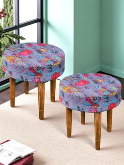 Ikiriya - Nayla Sheesham Wood Mid Century Pack Of 2 Stools Grey Brid Print Kantha Teak Finish (1 Year Warranty)