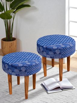 Ikiriya - Nayla Sheesham Wood Pack Of 2 Stools Indigo Patchwork Kantha Teak Finish (1 Year Warranty)