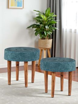 Ikiriya - Nayla Sheesham Wood Pack Of 2 Stools Blue Jacquard Work Fabric Teak Finish (1 Year Warranty)