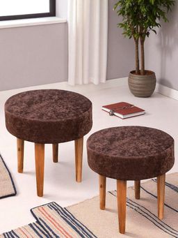 Ikiriya - Nayla Sheesham Wood Pack Of 2 Stools Caramel Brown Sparkle Velvet Teak Finish (1 Year Warranty)