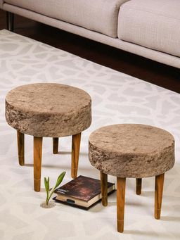 Ikiriya - Nayla Sheesham Wood Contemporary Pack Of 2 Stools Green Sparkle Velvet Teak Finish (1 Year Warranty)