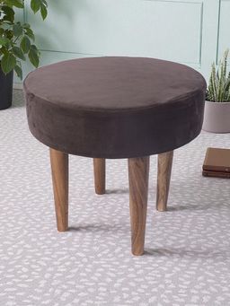 Ikiriya - Nayla Sheesham Wood Contemporary Stool Taupe Brown Velvet Teak Finish (1 Year Warranty)