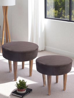 Ikiriya - Nayla Sheesham Wood Contemporary Pack Of 2 Stools Taupe Brown Velvet Teak Finish (1 Year Warranty)