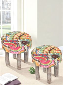 Ikiriya - Kingsville Sheesham Wood Pack Of 2 Stools Israel Print Patchwork Kantha (1 Year Warranty)