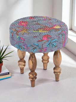 Ikiriya - Roswell Sheesham Wood Mid Century Stool Grey Brid Print Kantha Teak Finish (1 Year Warranty)