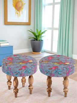 Ikiriya - Roswell Sheesham Wood Pack Of 2 Stools Grey Brid Print Kantha Teak Finish (1 Year Warranty)