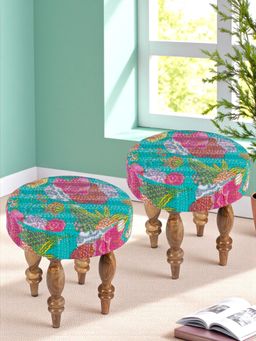 Ikiriya - Roswell Sheesham Wood Pack Of 2 Stools Sea Green Fruit Print Kantha Teak Finish (1 Year Warranty)