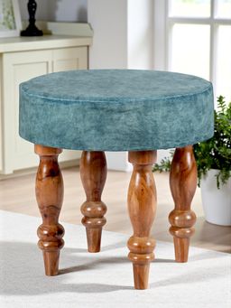 Ikiriya - Roswell Sheesham Wood Contemporary Stool Blue Jacquard Work Fabric Teak Finish (1 Year Warranty)