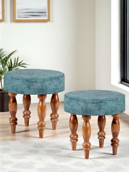 Ikiriya - Roswell Sheesham Wood Pack Of 2 Stools Blue Jacquard Work Fabric Teak Finish (1 Year Warranty)