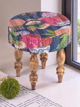 Ikiriya - Roswell Sheesham Wood Mid Century Stool Fruit Print Blue Kantha Teak Finish (1 Year Warranty)