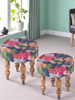 Ikiriya - Roswell Sheesham Wood Pack Of 2 Stools Fruit Print Blue Kantha Teak Finish (1 Year Warranty)
