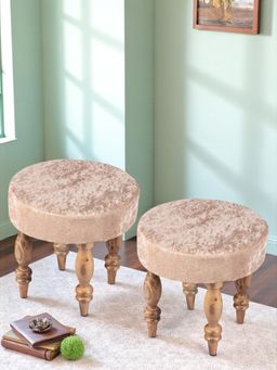 Ikiriya - Roswell Sheesham Wood Pack Of 2 Stools Beige Sparkle Velvet Teak Finish (1 Year Warranty)