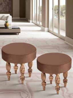 Ikiriya - Roswell Sheesham Wood Contemporary Pack Of 2 Stools Taupe Brown Velvet Teak Finish (1 Year Warranty)