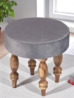 Ikiriya - Roswell Sheesham Wood Contemporary Stool Iron Grey Velvet Teak Finish (1 Year Warranty)