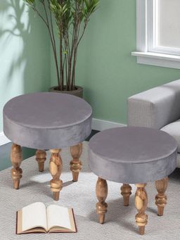 Ikiriya - Roswell Sheesham Wood Contemporary Pack Of 2 Stools Iron Grey Velvet Teak Finish (1 Year Warranty)