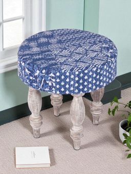 Ikiriya - Roswell Sheesham Wood Stool Indigo Patchwork Kantha Antique Grey Finish (1 Year Warranty)