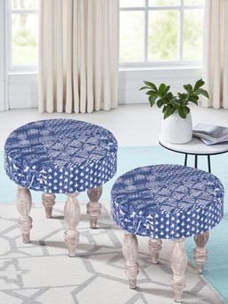 Ikiriya - Roswell Sheesham Wood Pack Of 2 Stools Indigo Patchwork Kantha Antique Grey Finish (1 Year Warranty)