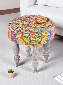 Ikiriya - Roswell Sheesham Wood Stool Israel Print Patchwork Kantha Antique Grey Finish (1 Year Warranty)