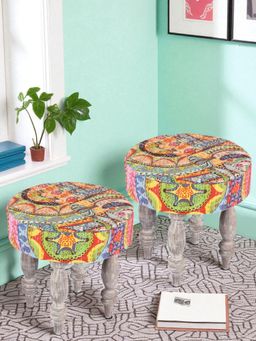 Ikiriya - Roswell Sheesham Wood Pack Of 2 Stools Israel Print Patchwork Kantha (1 Year Warranty)