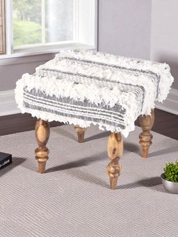 Ikiriya - Lisbon Sheesham Wood Mid Century Stool Grey Fabric with Fringes Teak Finish (1 Year Warranty)