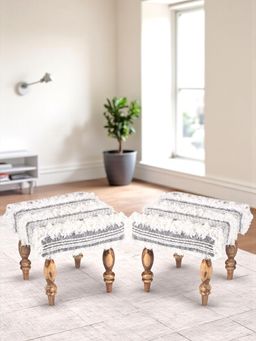 Ikiriya - Lisbon Sheesham Wood Pack Of 2 Stools Grey Fabric with Fringes Teak Finish (1 Year Warranty)