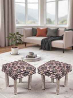 Ikiriya - Lisbon Sheesham Wood Parisian Pack Of 2 Stools Multi-Colour Jacquard Work Fabric (1 Year Warranty)