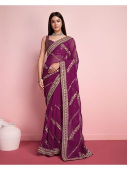VAIRAGEE - Balaji Wine Soft Organza Embroidery Saree with Unstitched Blouse