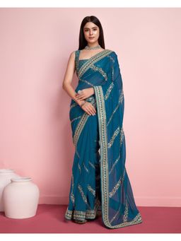 VAIRAGEE - Balaji Teal Soft Organza Embroidery Saree with Unstitched Blouse