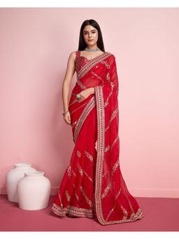 VAIRAGEE - Balaji Red Soft Organza Embroidery Saree with Unstitched Blouse