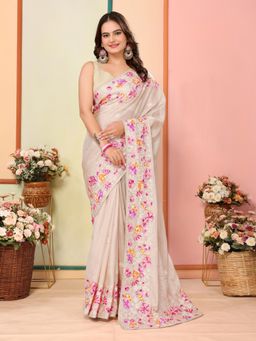 VAIRAGEE - Devika Beige Soft Organza Embroidery Saree with Unstitched Blouse