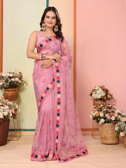 VAIRAGEE - Peach Soft Net Embroidery Saree with Unstitched Blouse