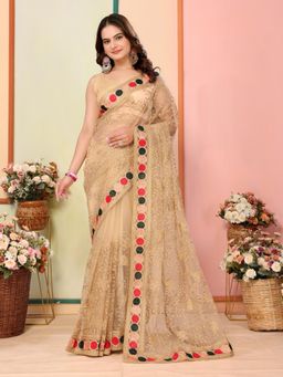 VAIRAGEE - Beige Soft Net Embroidery Saree with Unstitched Blouse