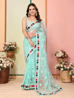 VAIRAGEE - Turquoise Soft Net Embroidery Saree with Unstitched Blouse