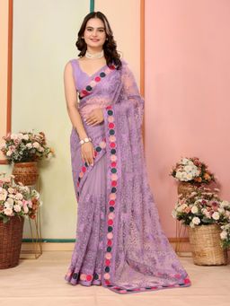 VAIRAGEE - Lavender Soft Net Embroidery Saree with Unstitched Blouse