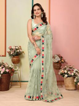VAIRAGEE - Olive Soft Net Embroidery Saree with Unstitched Blouse