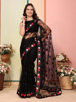 VAIRAGEE - Black Soft Net Embroidery Saree with Unstitched Blouse