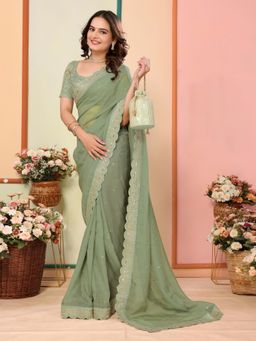 VAIRAGEE - Anjani Olive Soft Organza Embroidery Saree with Unstitched Blouse