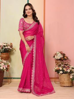 VAIRAGEE - Anjani Pink Soft Organza Embroidery Saree with Unstitched Blouse