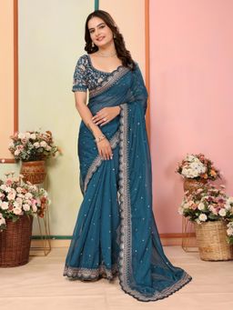 VAIRAGEE - Anjani Teal Soft Organza Embroidery Saree with Unstitched Blouse