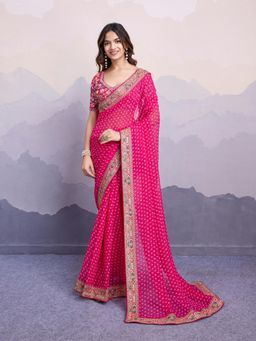 VAIRAGEE - Sakhi Pink Soft Georgette Print Embroidery Saree with Unstitched Blouse