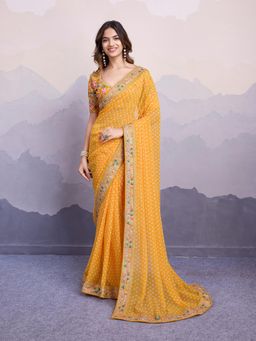 VAIRAGEE - Sakhi Mustard Soft Georgette Print Embroidery Saree with Unstitched Blouse