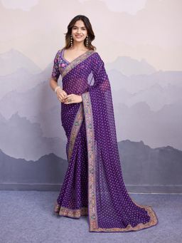 VAIRAGEE - Sakhi Purple Soft Georgette Print Embroidery Saree with Unstitched Blouse