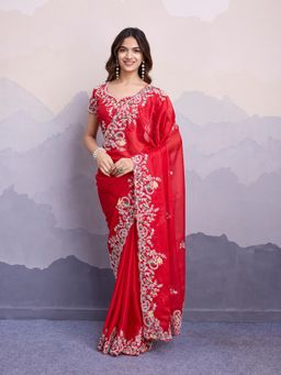 VAIRAGEE - Rajvi Red Soft Silk Embroidery Saree with Unstitched Blouse