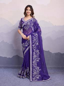 VAIRAGEE - Anjali Blue Soft Organza Silk Embroidery Saree with Unstitched Blouse