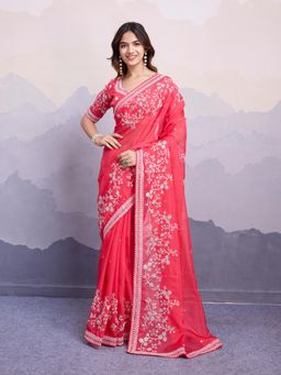 VAIRAGEE - Anjali Coral Soft Organza Silk Embroidery Saree with Unstitched Blouse