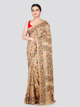 PinkLoom - Women's Beige Kantha Stitch Silk Saree with Unstitched Blouse