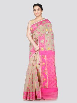 PinkLoom - Women's Beige Soft Cotton Jamdani Saree with Unstitched Blouse