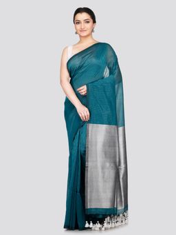 PinkLoom - Women's Teal Blue Cotton Saree Without Blouse Piece with Unstitched Blouse