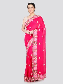 PinkLoom - Women's Pink Embroidered Mulmul Cotton Saree with Unstitched Blouse