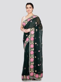 PinkLoom - Women's Green Embroidered Mulmul Cotton Saree with Unstitched Blouse